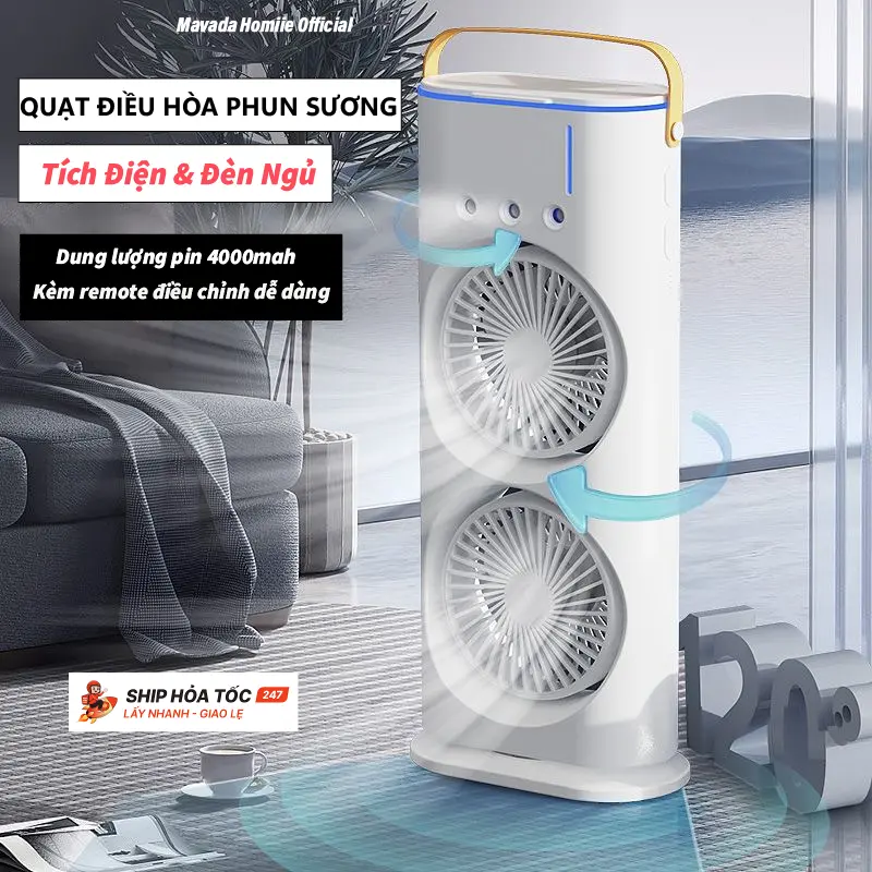 [TẶNG VIÊN TINH DẦU]Quạt Phun Sương Tích Điện,Quạt Điều Hòa Tích Điện Có 2 Lồng Quạt Làm Mát Bằng Hơi Nước, Có Đèn LED Và Điều Khiển Từ Xa Phụ Kiện Usb