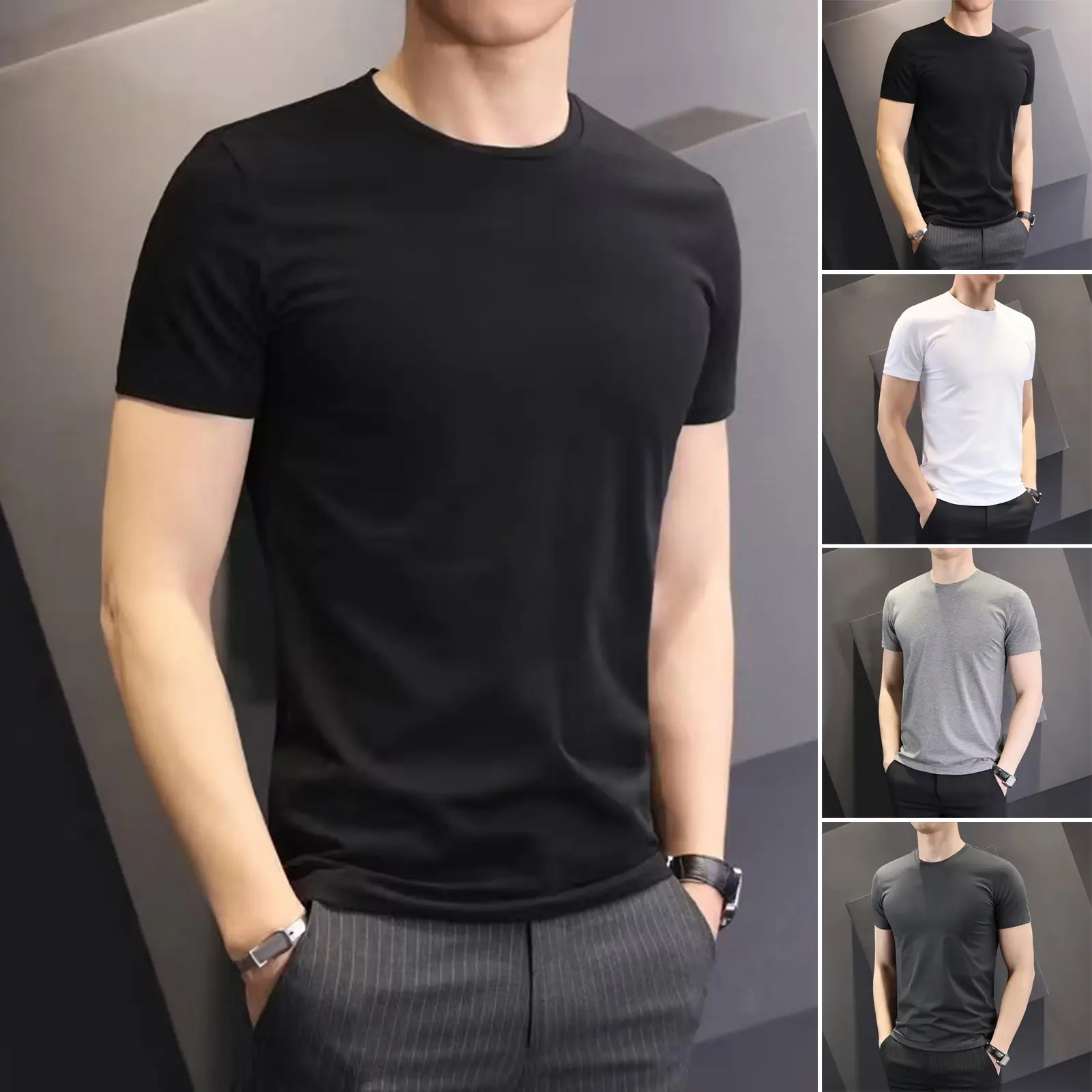 [EBV]Men Summer T-shirt Solid Color O Neck Short Sleeves Soft Breathable Slim Fit Pullover Sports Business Casual Men Office Top