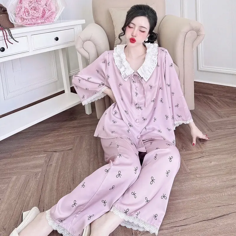Bộ Tiểu Thư Nơ Phối Ren Quần Dài Lụa Latin (Freesize 40-70kg) Pijama Nữ Women 5