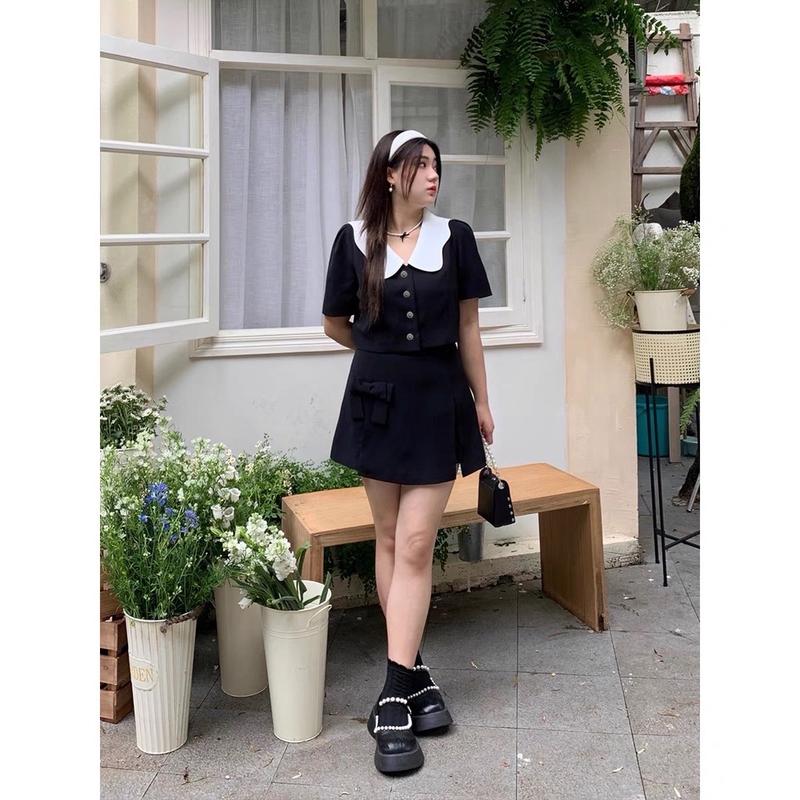 Set váy bigsize nữ đẹp, áo croptop đen cổ trắng mix chân váy chữ A ngắn đính nơ thời trang-S06