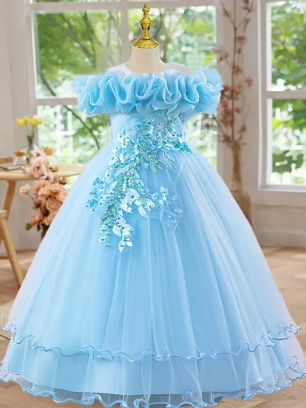 Off Shoulder Sequin Tulle Party Princess Dress, Elegant Floral Embroidery Sweater Dress for Evening Party, Kids Clothes for Summer 0