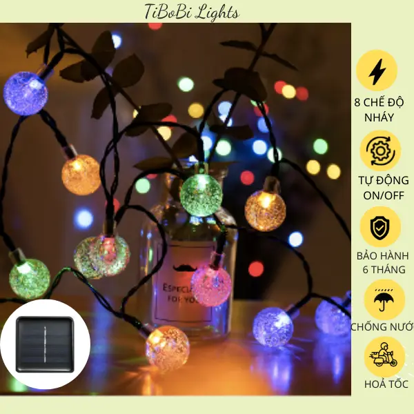 Đèn led nháy trang trí nhà cửa, trang trí cây thông noel lễ tết, đèn năng lượng mặt trời quả cầu bi bọt 30-50-100 bóng led 0