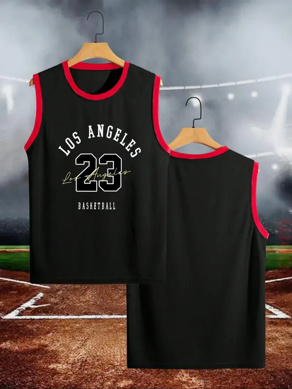 Men's Letter & Number Print Tank Top, Casual Sleeveless Basketball Jersey for Training Competition, Men's Summer Sports Top 3