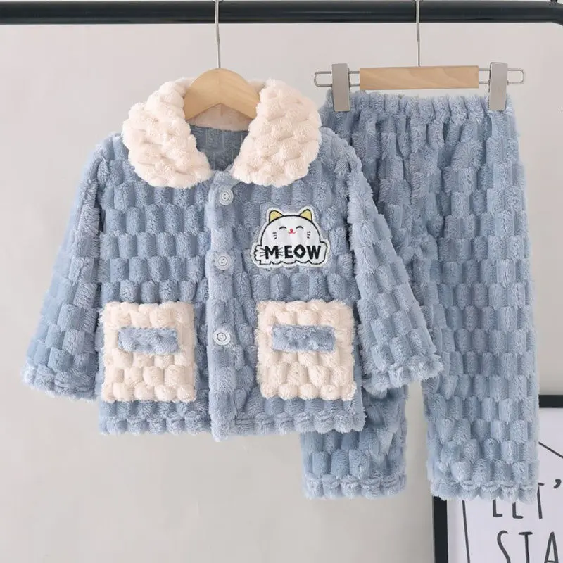 Bộ Đồ Ngủ Nhung San Hô Dày Dặn, Cho Mùa Thu Và Mùa Đông Của Trẻ Em, Thích Hợp Cho Bé Trai Và Bé Gái, vải nỉ Giữ Nhiệt, Bộ Đồ Mặc Nhà