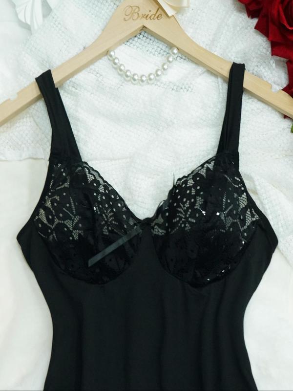 Women's Bowknot Decor Contrast Floral Lace Cami Nightdress & Panty Two-piece Set, Sexy Comfy Spaghetti Strap Nightgown & Knicker Set, Ladies Sleepwear for All Seasons 6