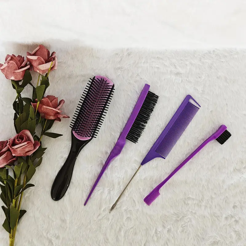 Hair Styling Tool Set, 4 Counts/set Detangling Hair Brush & Rat Tail Comb, Heatless Styling Grooming Tool for Curly Hair 7