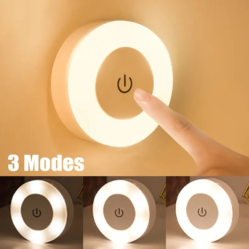 A round Magnetic USB Night Light with Type-C Charging Port, Touch Switch, Tricolour Light Color Changing, Analog Brightness Adjustment, Suitable for Bedroom, Corridor, More Convenient to Use at Night.