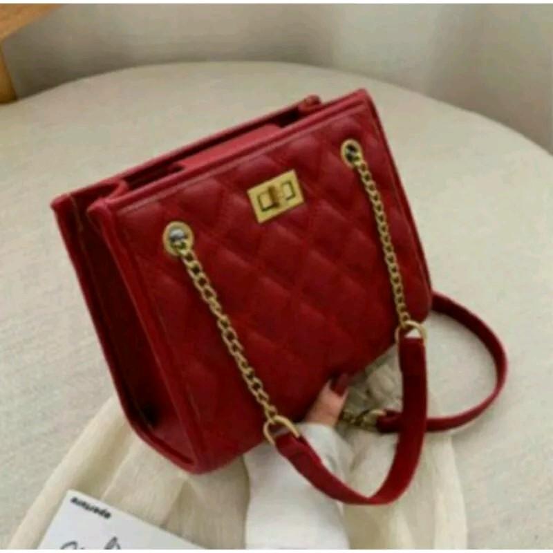 Tas Tote Bag Bahu Selempang Wanita Handbag Rantai Motif Setrip Kotak 3