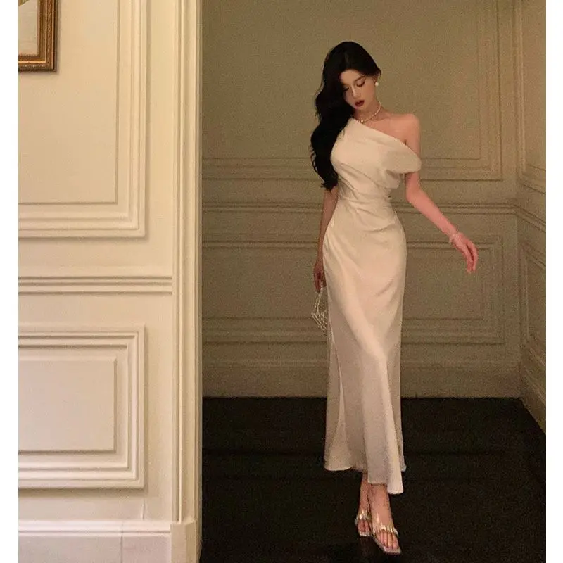 French Style Socialite Elegant Asymmetric Shoulder Satin Swing Collar Dress  for Women Autumn Hot-Selling High-End Mermaid Evening Gown Long Dress ATK  dress mother wedding konah prom dress norwegian prom dresses - TikTok