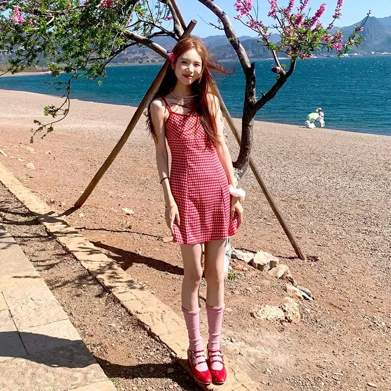 Fresh Preppy Sweet Hot Girl Color-Contrast Check Suspender Skirt Women's Early Spring Younger Slim-Fit A- line Skirt Dress Short Skirt