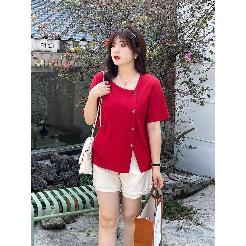Quần Áo Nữ, Ngoại Cỡ (100 Kg-150, 00 kg), Mỏng Vừa Vặn, Thích Hợp Cho Cô Gái Đầy Đặn, Áo Khoác Bụng Giấu, Hàng Mới Về Mùa Hè, Vai Bất Đối Xứng Áo Phông Thời Trang 3
