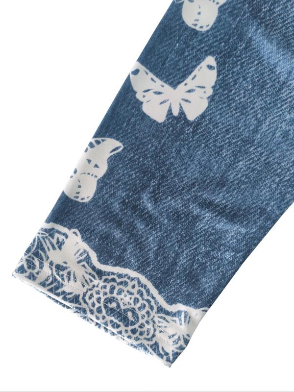 Women's Butterfly & Denim-Effect Print Elastic Waist Capri Leggings, Casual Comfy High Waist Skinny Pants for Daily Wear, Ladies Summer Bottoms 8