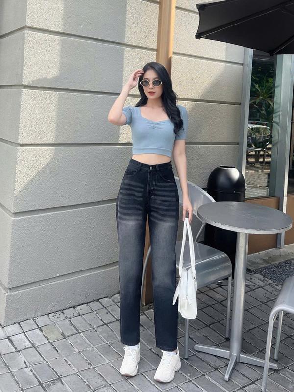  Quần Jean Nữ Lưng Cao  Quần Bò Rin Nữ Màu Đen khói Phong Cách Cá Tính MS085 Women 