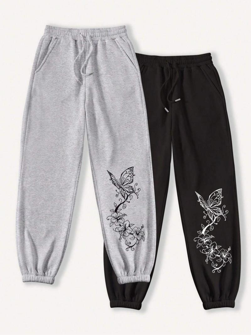 Product Introduction of Women's Butterfly & Floral Print Drawstring Waist Sweatpants, Casual Pocket Jogger Pants for Daily Wear, Ladies Bottoms for Winter 1