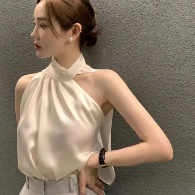 Quần Áo Nữ, Thời Trang Và Đẹp Mắt, Áo Sơ Mi Trắng, Thanh Lịch Mùa Hè Cho Nữ, Thiết Kế Streamer Cổ, Luster Satin, Áo Vest Không Tay Dáng Rộng, Hai Dây, Dành Cho Nữ 0