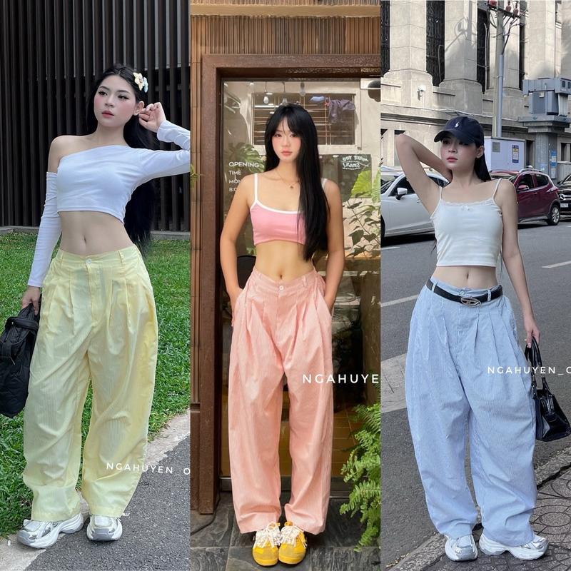 Quần dài kẻ sọc form rộng cạp LaTe phối chun sau cho nữ - Women