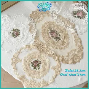 Taplak Meja Retro Table Mat Berenda Placemat Rajut Bulat/Elips Kerawang Foto Prop Anti Debu