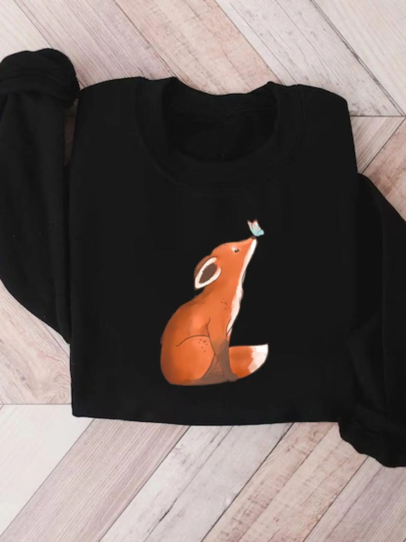 Women's Fox Print Round Neck Pullover, Casual Long Sleeve Hooded Sweatshirt for Fall & Winter, Women's Clothes for Daily Wear