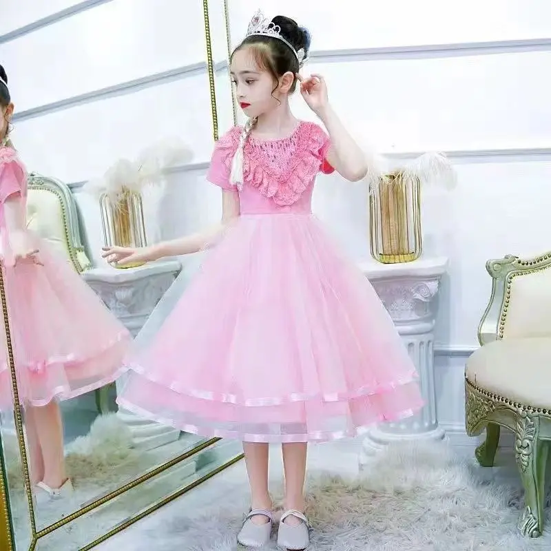 Váy Bé Gái, Quần Áo Trẻ Em, 2 Chiếc, ngắn Tay, Váy Công Chúa, Thích Hợp Cho Mùa Hè, Hàng Mới Về, Trẻ Em Trung Và Lớn, Cổ Tròn, Ren Và Kim Sa, Thời Trang, Váy Gạc 5 Chiếc