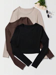 Women's Solid Long Sleeve Ribbed Tee, Casual Round Neck T-shirt for Spring & Fall, Women's Top for Daily Wear