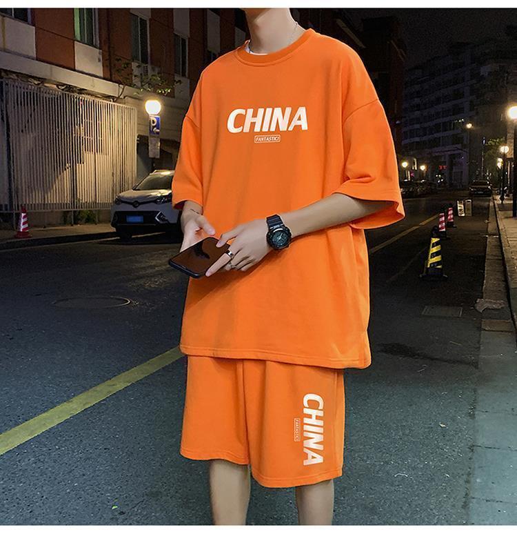Product Introduction of Summer New Trendy Hong Kong Style Simple Letter Printing Leisure Sports Suit Green Student Short Sleeve Shorts Two Pieces Suit Menswear Overalls Lingerie Formal 11