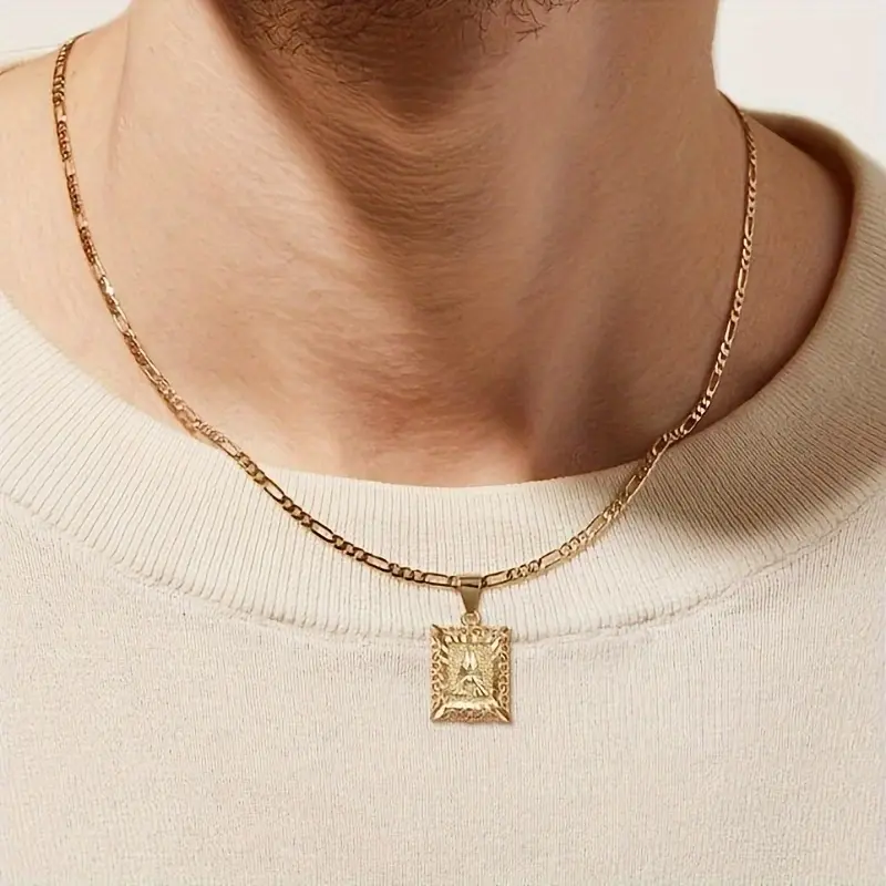 14K Golden Plated Initial Letter Pendant Necklace - A-Z, Unisex Design for Men & Women, Square Alphabet Figaro Chain with Ornate Detailing, Perfect for Casual Attire or Gifting, Jewelry | Polished Finish | Golden Alphabet, Necklace 5