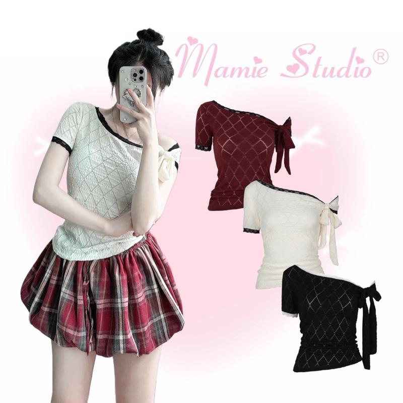 Áo lệch vai Mamie tay ngắn thắt nơ xinh xắn, form ôm body vải ren xuyên thấu mỏng nhẹ