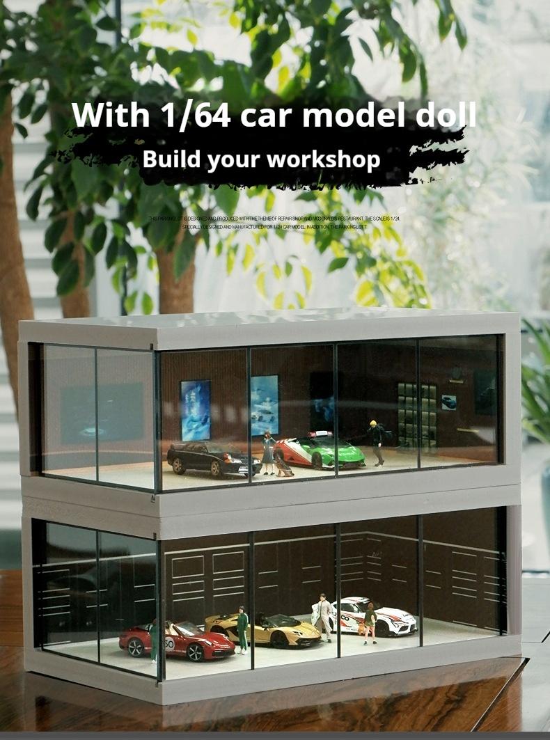 Product Introduction of Alloy die-cast car parking lot model, suitable for 1:64 scale car models, simulated garage scene, highly transparent dust-proof box, with lights, assembly model, for storing car models, for decoration and collection, a gift for boys 2