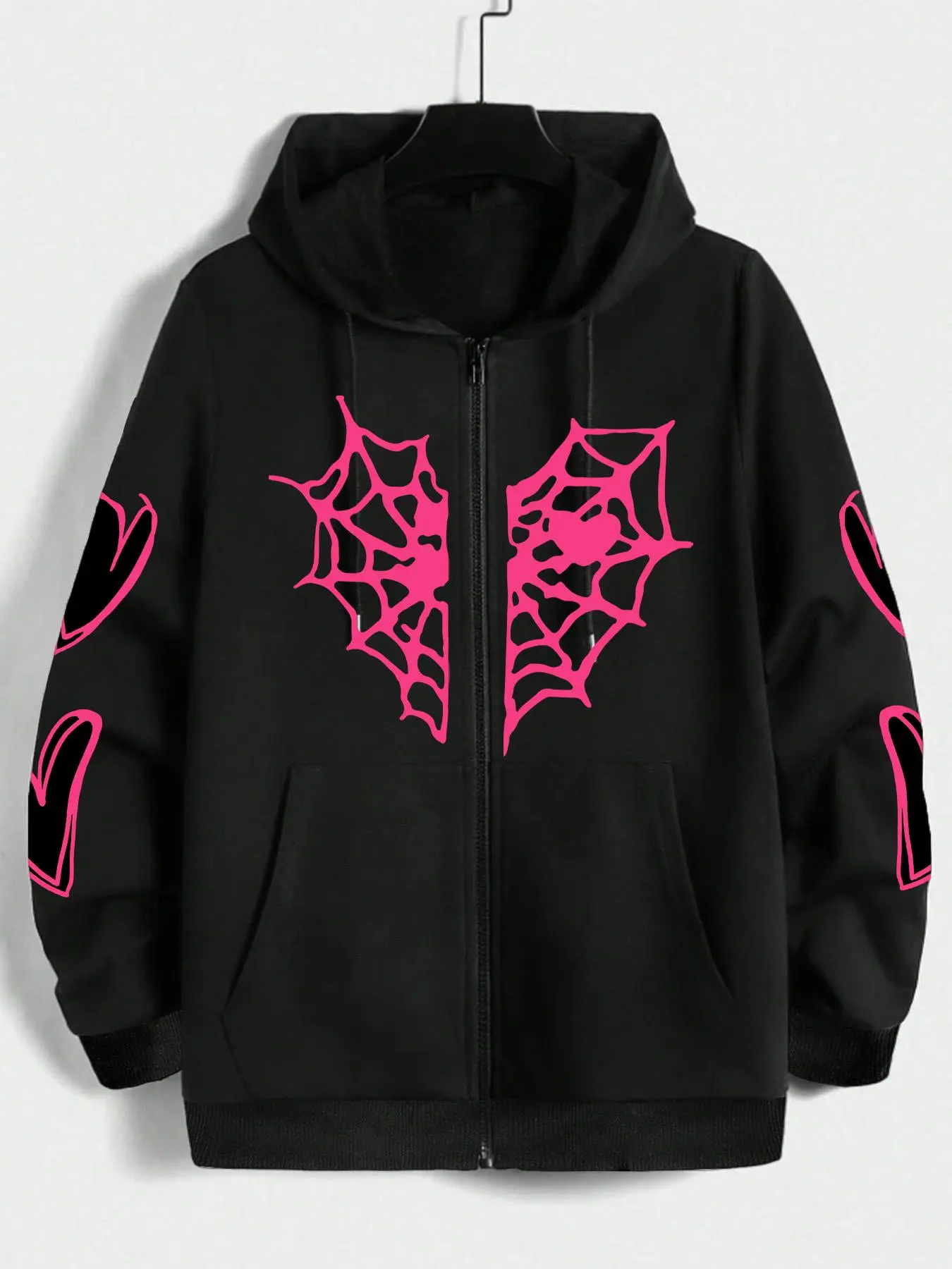 【Plus Size】 Spider Web Heart Shape Print Zip Up Thermal Lined Hoodie, Street Long Sleeve Drawstring Pocket Hooded Sweatshirt for Fall & Winter, Men's Clothes for Daily Wear