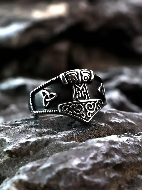 Vintage Wolf Head Design Hammer Ring, Stainless Steel Jewelry for Party, Daily Clothing Decor, Trendy All-match & Exquisite Jewelry for Birthday Gift 3