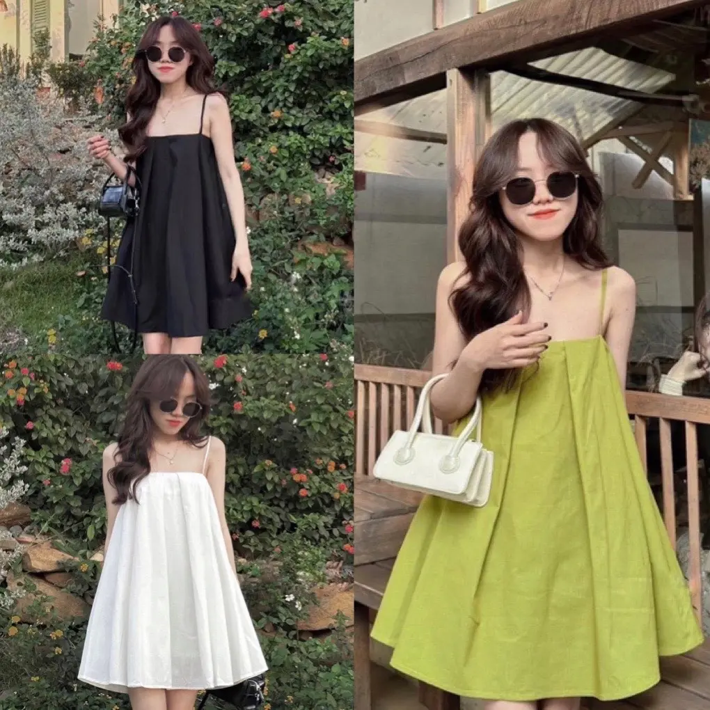 Váy 2 dây xếp ly ngực dáng xòe chữ A chất thô mềm xanh cốm trắng đen, đầm babydoll 2 dây xòe ngắn dễ thương hàn quốc Nữ Women Voan Dress Voi Nhung