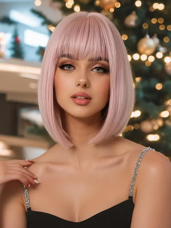 14 Inch Short Straight Wigs, Gorgeous Natural Fluffy Wigs with Bangs, Synthetic Hair Wigs for Daily & Cosplay & Costume Party Cute Hairstyles Uk Girls Wigs 3