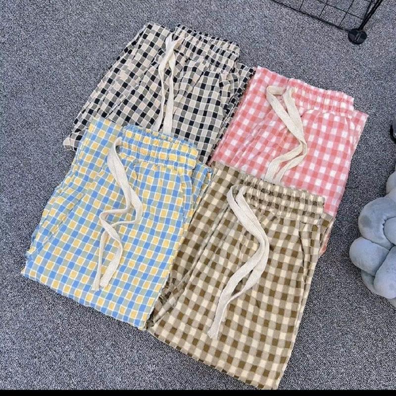 Quần kẻ caro ống rộng nữ cạp chun chất liệu đũi nhung mềm mát 1