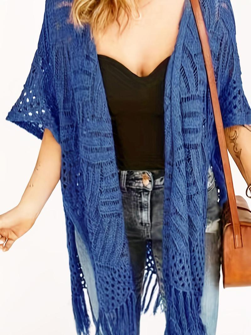Product Introduction of 【Plus Size】 Women's Solid Fringe Trim Open Front Cardigan, Casual Half Sleeve Knitwear for Daily Wear, Ladies Clothes for All Seasons, Tops 3