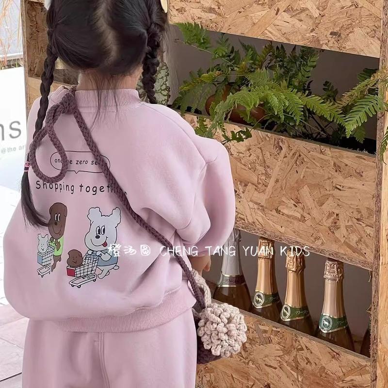 Bộ Đồ Áo Len Thời Trang, Lót Lông Cừu Cho Bé Gái, Quần Áo Mùa Đông Mới 2024, Phong Cách Hoạt Hình Hàn Quốc, Quần Áo Trẻ Em, Bộ Đồ Hai Mảnh Dày Dặn, Cho Bé Gái Heo Len Tăm 0