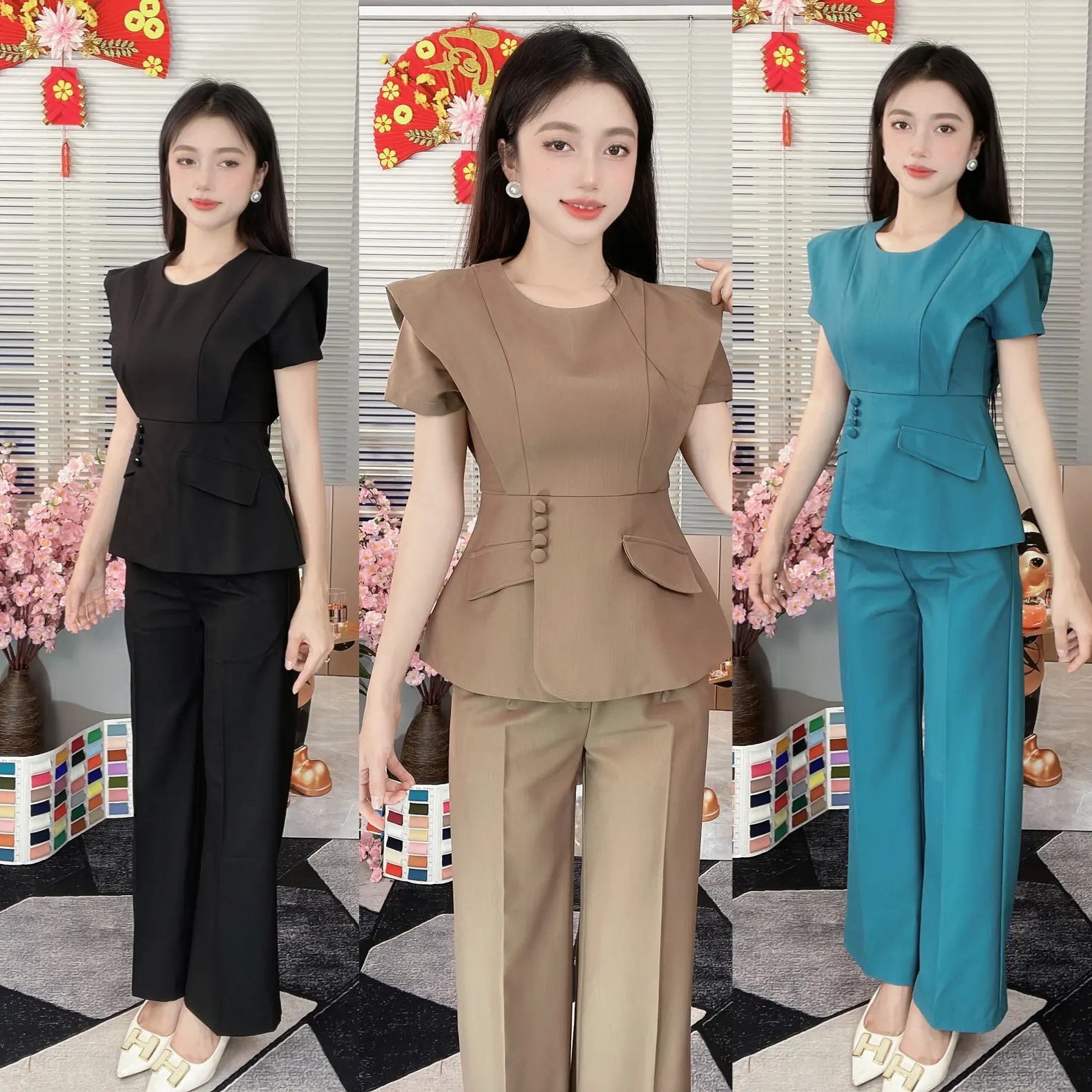 DN239-SÉT THIẾT KẾ TÀ VAI NÚT BỌC NẮP TÚI ÁO (DI NGUYỄN TK) Nữ Voi Nhung Women Kem Xanh Dương