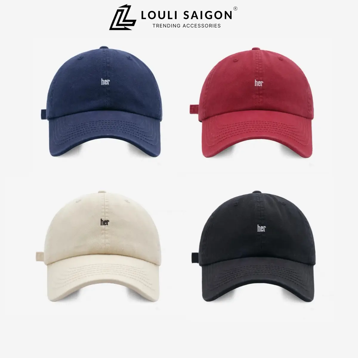 Mũ lưỡi trai LOULI SAIGON thêu chữ HER cho nam nữ, nón lưỡi trai kaki form mềm M66