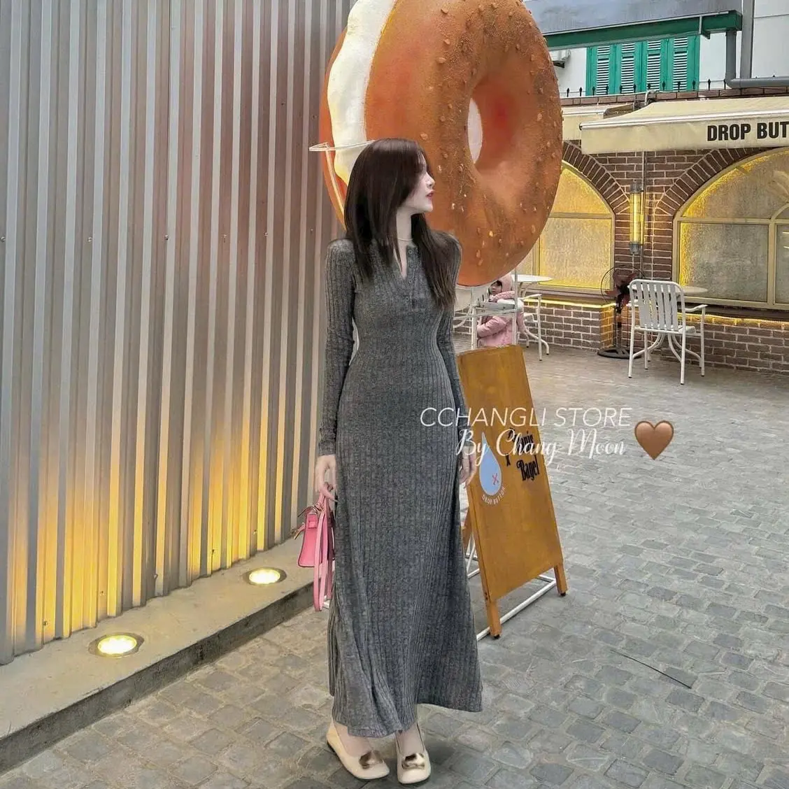 Đầm thun gân đũa tay dài đính nút đủ màu