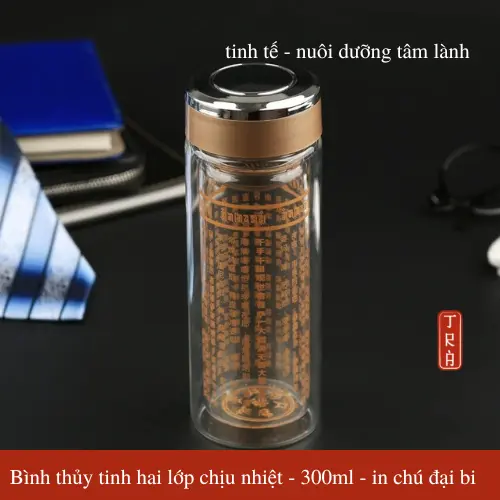Bình Nước Chú Đại Bi 300ML - Bình Nước Thuỷ Tính 2 Lớp Giữ Nhiệt - Pháp Bảo Phật Giáo - Mật Tông 3