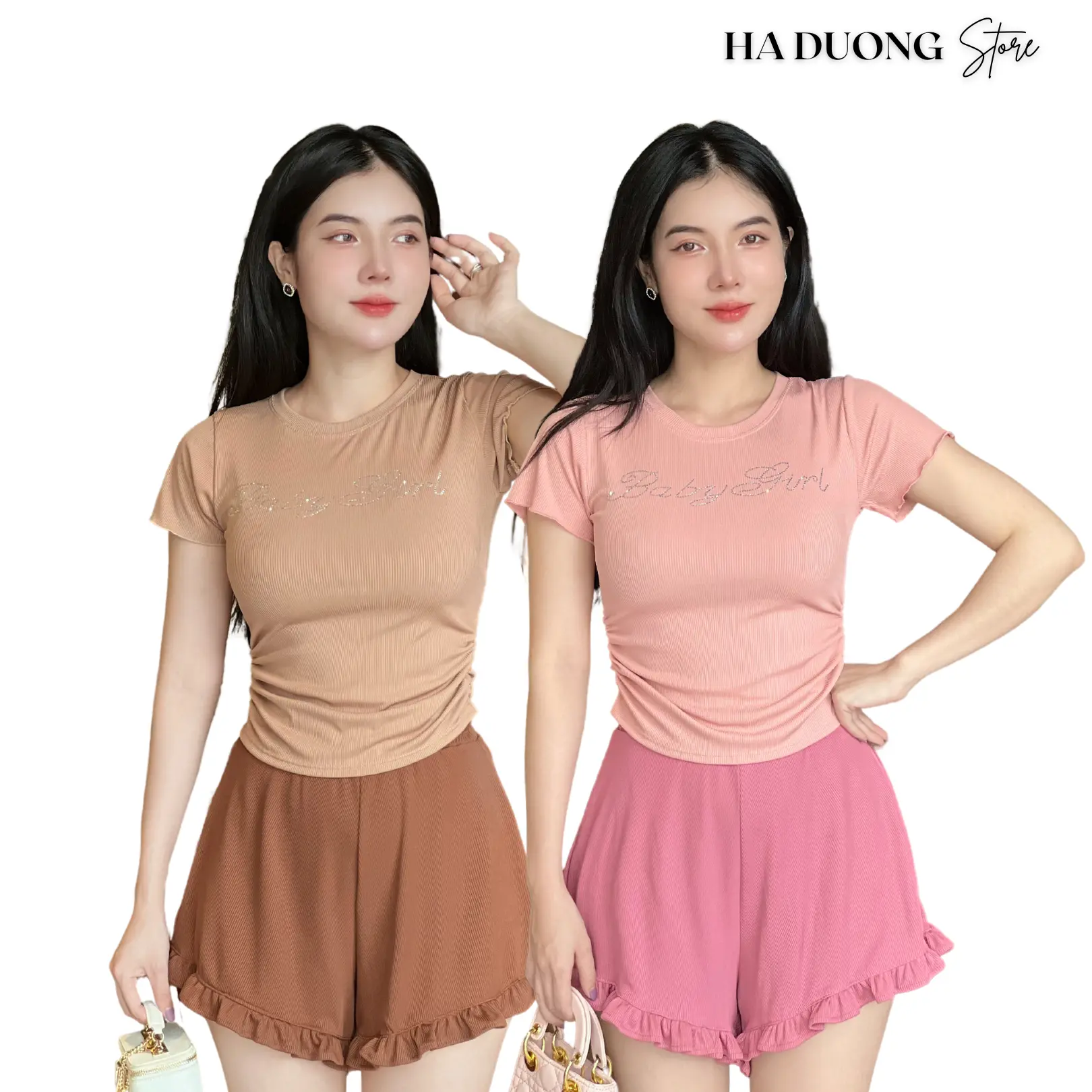 Set Bộ Thun Gân Trung Mặc Mát Co Giãn Tốt Áo Cổ Tròn Tay Ngắn Đính Đá Thiết Kế Nhún Eo Hai Bên Mix Quần Đùi Xòe Viền Bèo Nhiều Màu Dành Cho Nữ - Top Women Hà Dương Store