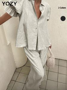 YOZY Two-Piece Set Women's Solid Button Front Blouse & Wide Leg Pants, Casual Flounce Sleeve Top & Trousers for Daily Wear, Ladies Clothes for Spring, Womenswear