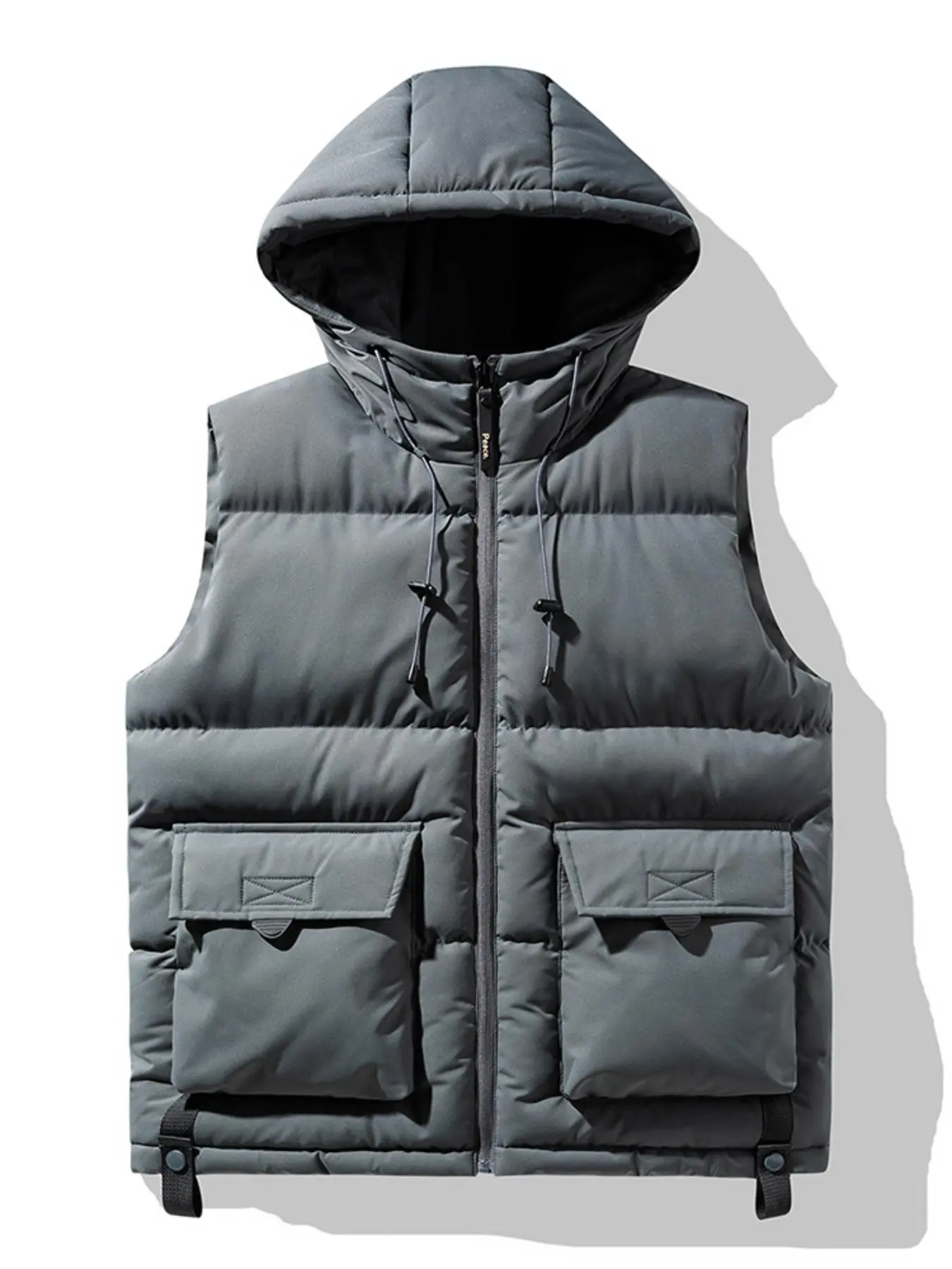 Men's Solid Color Pocket Drawstring Hooded Vest Coat, Regular Fit Casual Button Padded Sleeveless Outerwear for Fall & Winter, Men's Clothes for Daily Wear