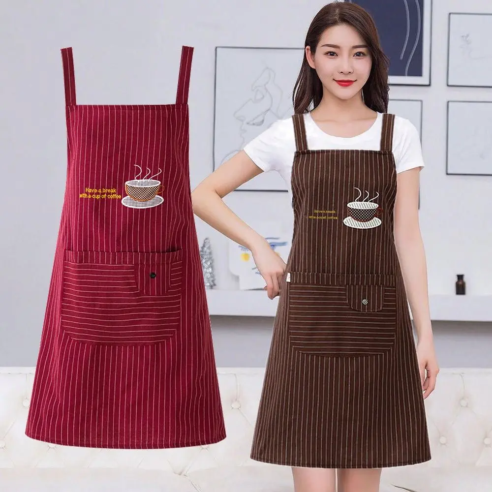 Apron Keseluruhan Wanita, Rekaan Jalur Ringkas, Fesyen, Diperbuat daripada Kapas, Anti-minyak, Sesuai untuk Kerja, Tanpa Lengan, Menonton, Memasak, dan Rumah Kopi, Gaya Seragam
