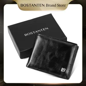 BOSTANTEN Dompet Lipat Pria Koin Ritleting Bahan Kulit PU Hitam/Kopi/Coklat