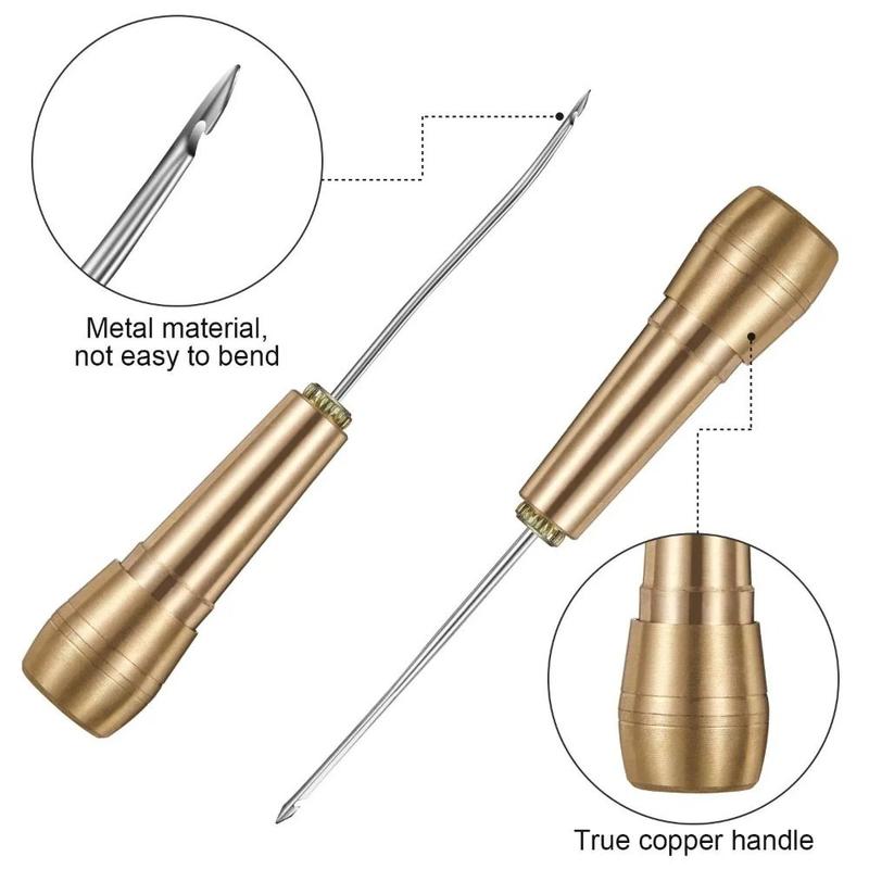 Product Introduction of 1Set Portable Sewing Awl Needle Handmade Leather Sewing Tools with Copper Handle Nylon Thread Leather Sewing Tapered Needles Straight Hook DIY Craft Leather Sewing Kit DIY for Shoes and Leather Repairs 19