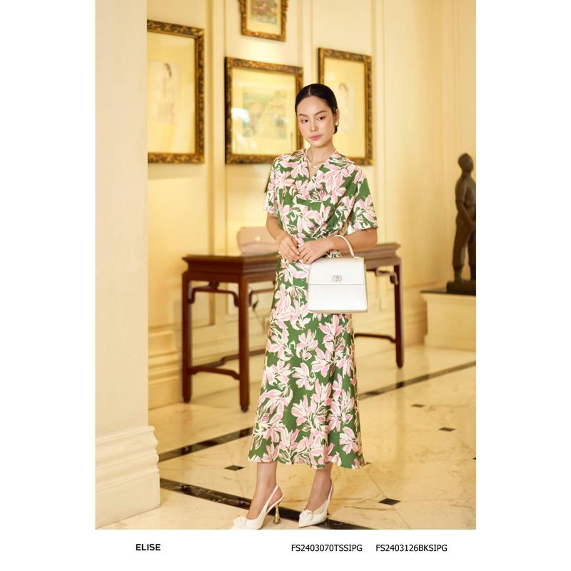 Chân váy lụa hoa xanh lá thiết kế Elise mã sản phẩm FS2403126BKSIPG