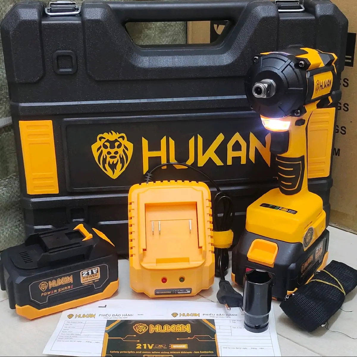 Máy siết bulong pin Hukan HK-X4IMP không chổi than 3 tốc độ, lực siết 330Nm, đầu 2 trong 1 vn đủ bộ