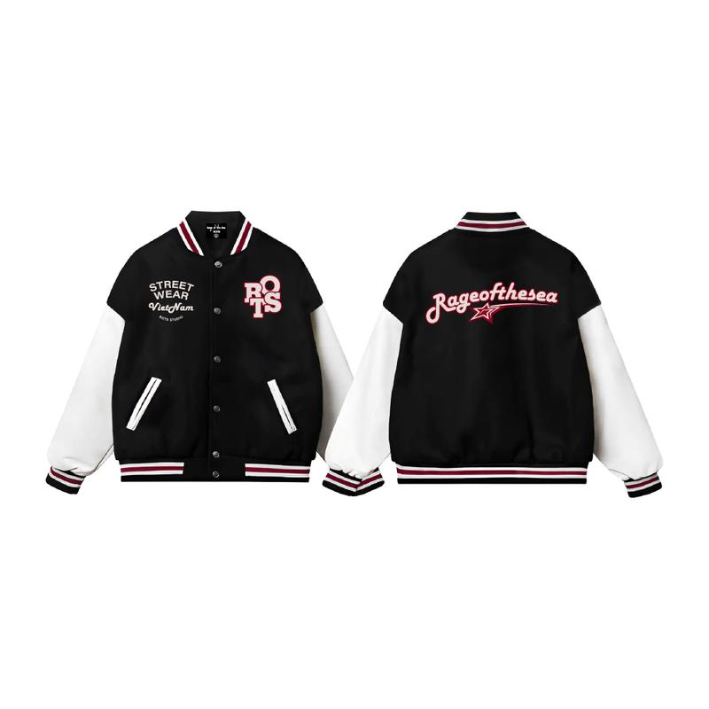 ÁO KHOÁC DẠ VARSITY JACKET PHỐI TAY DA CAO CẤP UNISEX NAM NỮ FORM RỘNG RAGE OF THE SEA (ROTS STUDIO)-"VARSITY V1"