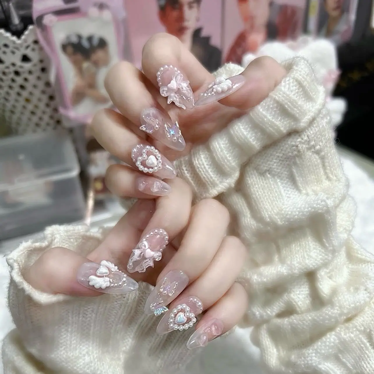 Mã 049 - Nailbox Thiết Kế Thủ Công Hồng Pastel Charm Cute Giáng Sinh Tết