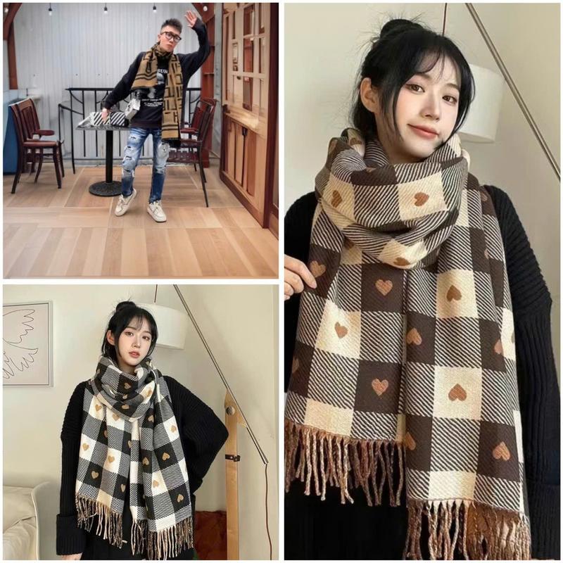 Khăn Quàng cổ Khăn Choàng Unisex Nam Nữ Kẻ Sọc Trái Tim Ấm Áp Mùa Đông Khăn Cashmere Len 2 mặt Sang Chảnh Ấm Áp Cotton Choàng Cổ Choàng Cổ
